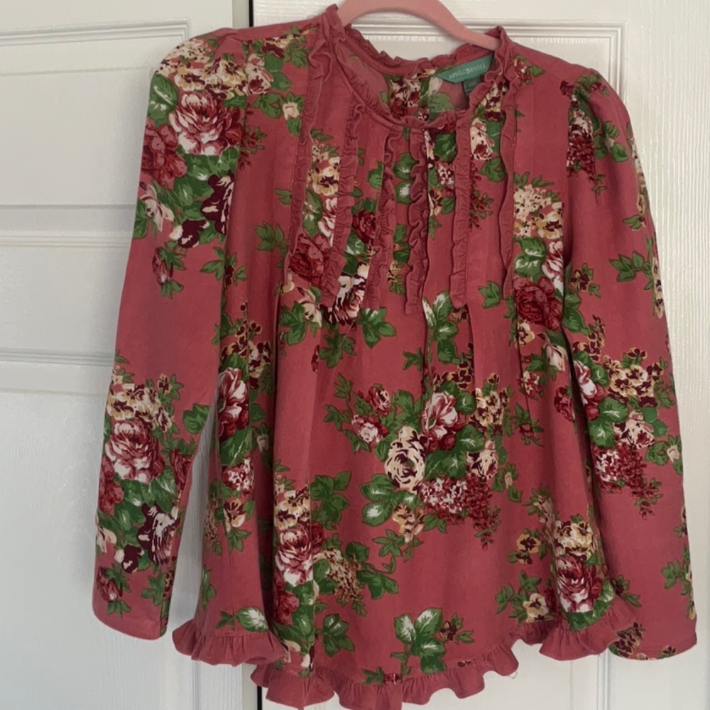 April Cornell Pink Floral Ruffle Top Size XXS